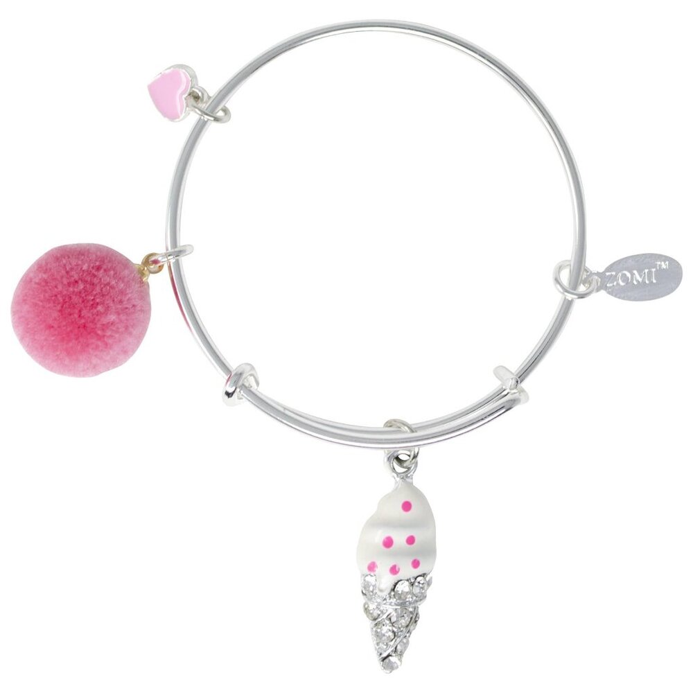 Ice Cream & Pom Pom Silver Bangle Bracelet